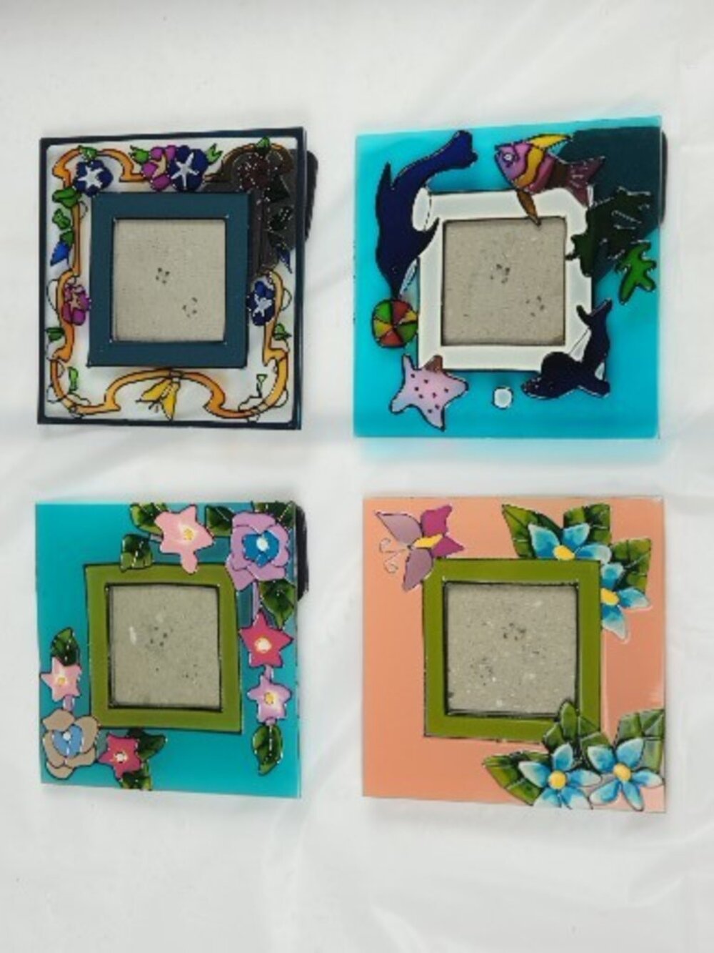 Painted Glass Picture Frames Set of 4 - Floral & Sea Life